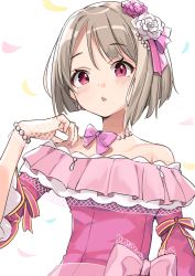 Rule 34 | 1girl, absurdres, anbasa (amaneyuz13), bob cut, bow, bracelet, brown hair, collarbone, dress, flower, gloves, hair flower, hair ornament, hair ribbon, hand up, highres, jewelry, lace, lace-trimmed dress, lace gloves, lace trim, love live!, love live! nijigasaki high school idol club, nakasu kasumi, necklace, off-shoulder dress, off shoulder, parted lips, pearl bracelet, pearl necklace, pink bow, pink dress, pink flower, pink ribbon, pink rose, red eyes, ribbon, rose, short hair, simple background, solo, upper body, white background, white flower, white rose