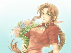 Rule 34 | 1990s (style), 1girl, aerith gainsborough, bouquet, brown hair, dress, drill hair, final fantasy, final fantasy vii, flower, green eyes, highres, iwao, jacket, lips, long hair, pink dress, pink ribbon, retro artstyle, ribbon, smile, solo, square enix, very long hair
