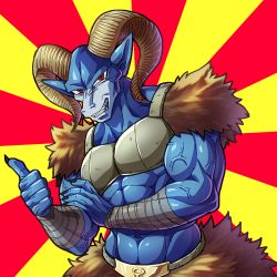 Rule 34 | 1boy, abs, artist request, belt, crossed arms, dragon ball, dragon ball super, evil grin, evil smile, fur, grin, horns, looking at viewer, moro (dragon ball), muscular, navel, no humans, pointy ears, red eyes, sharp teeth, smile, smirk, solo, teeth, upper body, veins