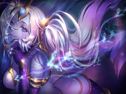 1girl, alternate costume, armlet, bare shoulders, blue eyes, collarbone, colored skin, constellation, facial mark, fingerless gloves, fingernails, gloves, hair between eyes, league of legends, long hair, looking at viewer, nami (league of legends), nyaamen fork, parted lips, purple eyes, purple gloves, purple skin, smile, solo, sparkle, spikes, twintails, white hair