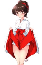 Rule 34 | 1girl, artist name, blush, breasts, brown eyes, brown hair, closed mouth, clothes lift, collarbone, dated, feet out of frame, girls und panzer, hair ornament, hair ribbon, hakama, hakama lift, hakama skirt, highres, japanese clothes, kimono, koyama yuzu, kuzuryuu kennosuke, large breasts, lifted by self, looking at viewer, ponytail, ribbon, shiny skin, short hair, simple background, skirt, solo, standing, white background