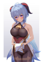 Rule 34 | 1girl, ahoge, bad id, bad pixiv id, bare arms, bell, black legwear, blue hair, blush, bodystocking, bodysuit, breasts, clothes lift, crotch, furrowed brow, ganyu (genshin impact), genshin impact, gold trim, gradient background, groin, horns, large breasts, lifted by self, long hair, looking at viewer, neck bell, no gloves, parted lips, pelvic curtain, pelvic curtain lift, purple eyes, sideboob, sidelocks, sleeveless, solo, standing, thighlet, thighs, tokutokenzen, waist cape