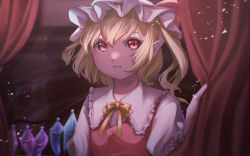 Rule 34 | 1girl, blonde hair, crystal, curtains, flandre scarlet, frilled shirt collar, frills, hair between eyes, hasukappu, hat, indoors, looking at viewer, mob cap, pointy ears, puffy short sleeves, puffy sleeves, red eyes, red ribbon, red vest, ribbon, shirt, short sleeves, solo, touhou, upper body, vest, white hat, wings, yellow neckwear