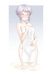 Rule 34 | 1girl, blush, breasts, closed mouth, collarbone, covering privates, cowboy shot, gradient background, grey background, grey hair, hand on own chest, hand up, idolmaster, idolmaster million live!, looking at viewer, makabe mizuki, medium breasts, nemubusoku, no pupils, nose blush, nude, nude cover, short hair, sidelocks, solo, standing, towel, wading, water, white background, white towel, yellow eyes