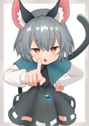 Rule 34 | 1girl, absurdres, animal ears, asakura haru, blue cape, cape, dress, grey dress, grey hair, hand on own hip, highres, leaning forward, looking at viewer, mouse ears, mouse girl, mouse tail, nazrin, open mouth, pointing, pointing at viewer, red eyes, shirt, short hair, solo, tail, touhou, white background, white shirt