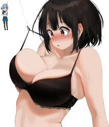 Rule 34 | 2girls, :3, bare arms, bare shoulders, black bra, black hair, black legwear, blonde hair, blue hair, blue neckwear, blue ribbon, blue skirt, blush, bra, bra pull, breast lift, breasts, buttons, cleavage, clothes pull, commentary request, fishing hook, fishing rod, gradient hair, hat, highres, holding, holding fishing rod, kantai collection, lace, lace-trimmed bra, lace trim, large breasts, long hair, multicolored hair, multiple girls, pantyhose, red eyes, ribbon, sado (kancolle), school uniform, serafuku, short hair, skindentation, skirt, takao (kancolle), tama (tamago), underwear, upper body, white background