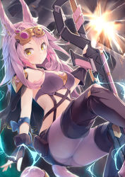 Rule 34 | 1girl, absurdres, animal ears, bag, bare shoulders, blush, boots, breasts, cape, cleavage, duel monster, eyewear on head, fingerless gloves, gloves, gun, highres, kanzakietc, long hair, midriff, panties, pink hair, ribbon, shorts, sleeveless, solo, thigh boots, thighhighs, tri-brigade ferrijit the barren blossom, underwear, weapon, yellow eyes, yu-gi-oh!