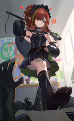 Rule 34 | 1girl, 1other, absurdres, anger vein, arknights, bandage on knee, bandaid, bandaid on face, belt, black dress, black socks, blue nails, breasts, chinese commentary, commentary request, detached sleeves, doctor (arknights), dress, ear chain, ear piercing, green eyes, green hair, highres, holding, holding staff, kneehighs, multicolored hair, multiple belts, no shoes, piercing, pointy ears, pov, red hair, small breasts, socks, soles, staff, streaked hair, techno (arknights), zayur