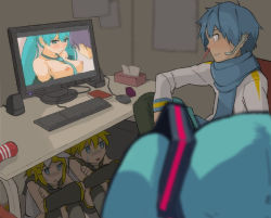 Rule 34 | 2boys, 2girls, artificial vagina, au (autlaws), between breasts, blood, blue scarf, blush, breasts, caught, computer, crossed arms, hatsune miku, hiding, indoors, kagamine len, kagamine rin, kaito (vocaloid), keyboard (computer), knees to chest, md5 mismatch, monitor, mouse (computer), multiple boys, multiple girls, nipples, nosebleed, open mouth, pornography, scarf, sex toy, short hair, sitting, small breasts, sweatdrop, tenga, tissue, tissue box, viewing pornography, vocaloid