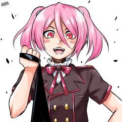 Rule 34 | 1boy, androgynous, blush stickers, commission, commissioner upload, grin, highres, jacket, leash, lewdkuma, original, pink hair, pov, red eyes, simple background, smile, teeth, trap, twintails, vampire