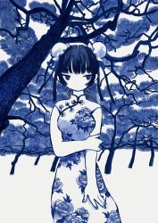 Rule 34 | 1girl, absurdres, black hair, blue eyes, blue nails, blue theme, breasts, china dress, chinese clothes, double bun, dress, feet out of frame, highres, huge filesize, medium breasts, monochrome, nail polish, original, solo, tree, zinbei
