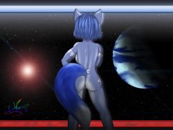 Rule 34 | animal ears, ass, blue hair, fox, from behind, furry, krystal, nintendo, nude, planet, pussy, space, star (symbol), star fox, tail