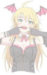 Rule 34 | 1girl, absurdres, ahoge, armpits, asymmetrical gloves, black bustier, black gloves, black sleeves, blonde hair, blush, breasts, brooch, cleavage, cropped torso, demon wings, detached collar, detached sleeves, elbow gloves, epitaph (1122), fangs, finger in own mouth, fingerless gloves, fingernails, flat color, frilled sleeves, frills, gloves, green eyes, head wings, heart, heart brooch, heart o-ring, highres, hoshii miki, idolmaster, jewelry, long hair, looking at viewer, medium breasts, mismatched gloves, mouth pull, nail polish, neck ribbon, o-ring arm strap, open mouth, pale color, pink nails, pink ribbon, ribbon, simple background, solo, straight-on, uneven gloves, upper body, white background, wings