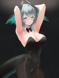Rule 34 | 1girl, absurdres, alternate costume, aqua eyes, arknights, armpits, arms up, black background, black bow, black bowtie, black pantyhose, bow, bowtie, breasts, cleavage, commentary request, covered navel, cowboy shot, dr.lamina, grey hair, highres, ho&#039;olheyak (arknights), large breasts, looking at viewer, pantyhose, short hair, smile, snake tail, solo, standing, tail, thighs