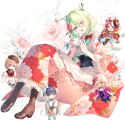 Rule 34 | 5girls, :d, antlers, apron, blush, boots, braid, brown footwear, ceres fauna, ceres fauna (new year), cup, floral print, flower, frilled apron, frills, green hair, green nails, hair flower, hair ornament, hair over one eye, hakos baelz, hakos baelz (new year), highres, holding, holding cup, holocouncil, hololive, hololive english, horns, japanese clothes, kimono, long hair, looking at viewer, low twin braids, low twintails, maid, maid apron, mini person, minigirl, mole, mole under eye, multicolored hair, multiple girls, nail polish, nanashi mumei, nanashi mumei (new year), obi, official alternate costume, official alternate hairstyle, one eye covered, open mouth, ouro kronii, ouro kronii (new year), pink kimono, print kimono, sash, smile, streaked hair, tassel, tassel hair ornament, teacup, toosaka asagi, tsukumo sana, tsukumo sana (new year), twin braids, twintails, two-tone hair, virtual youtuber, wa maid, white apron, yellow eyes