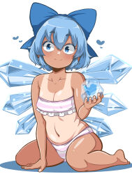 Rule 34 | 1girl, absurdres, alternate costume, arm support, bare legs, barefoot, bikini, blue bow, blue eyes, blue hair, bow, breasts, cirno, commentary request, covered erect nipples, eyelashes, fingerless gloves, frills, frozen, full body, gloves, hair between eyes, hair bow, heart, highres, himajin noizu, holding, leaning forward, looking at viewer, petite, shadow, short hair, simple background, small breasts, smile, solo, strapless, strapless bikini, striped bikini, striped clothes, swimsuit, tan, tanline, tanned cirno, touhou, twitter, twitter logo, white background