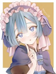 Rule 34 | 1boy, :o, blue eyes, blue hair, blunt bangs, border, bow, bowtie, bright pupils, brown shirt, capelet, character name, collared shirt, commentary, crossdressing, finger to cheek, frilled hairband, frills, hairband, hand up, head tilt, highres, looking up, made in abyss, maid headdress, male focus, maruruk, open mouth, orange background, outside border, portrait, purple bow, purple bowtie, purple capelet, shirt, short hair, simple background, solo, symbol-only commentary, tomei 00, trap, whistle, whistle around neck, white border, white pupils
