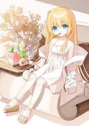 Rule 34 | 1girl, bare shoulders, blonde hair, blue eyes, brown footwear, collarbone, commentary request, dress, flower girl (yuuhagi (amaretto-no-natsu)), food, food in mouth, hair between eyes, jacket, long hair, long sleeves, looking at viewer, off shoulder, open clothes, open jacket, original, pocky, sandals, sitting, sleeveless, sleeveless dress, sleeves past fingers, sleeves past wrists, solo, very long hair, white dress, white jacket, yuuhagi (amaretto-no-natsu)