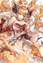 Rule 34 | 1girl, absurdres, ahoge, anila (granblue fantasy), bad id, bad pixiv id, blonde hair, breasts, cleavage, commentary request, draph, eyebrows, fur trim, gloves, granblue fantasy, highres, horns, large breasts, long hair, mi bait, open mouth, sheep horns, short eyebrows, solo, thick eyebrows, thighhighs, torn clothes, very long hair, white gloves, white thighhighs, yellow eyes