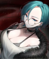 Rule 34 | 1girl, bikini, bikini under clothes, blue eyes, blue hair, breasts, character request, choker, cleavage, copyright request, dutch angle, earrings, expressionless, female focus, fur-trimmed jacket, fur trim, glasses, jacket, jewelry, large breasts, mogo (nonochi0120), pale skin, round eyewear, short hair, signature, solo, swimsuit, tsurime, upper body