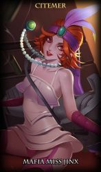 Rule 34 | 1girl, aircraft, airplane, alternate color, alternate costume, alternate hair length, alternate hairstyle, artist name, blush, brooch, character name, citemer, collarbone, dress, feathers, flipped hair, garter straps, gloves, headband, jewelry, jinx (league of legends), layered dress, league of legends, crime city jinx, necklace, orange hair, panties, pantyshot, parted lips, pearl necklace, pink eyes, pink gloves, pink panties, red lips, short dress, short hair, sitting, sleeveless, sleeveless dress, solo, star (symbol), underwear, white dress