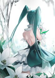 Rule 34 | almn sk, aqua hair, back, back focus, backless dress, backless outfit, bare back, detached sleeves, dress, facing away, flower, from behind, hatsune miku, highres, lily (flower), long hair, miku day, shoulder blades, sparkle, twintails, very long hair, vocaloid, water