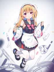 Rule 34 | 1girl, apron, black dress, black footwear, blonde hair, blunt bangs, bow, bowtie, breasts, coffeiz p, collarbone, collared dress, colored inner hair, detached sleeves, dress, floral print, frilled apron, frills, highres, ink bottle, jumping, knife, light blush, long hair, looking at viewer, maid, maid headdress, multicolored hair, one side up, open mouth, original, pen, pink bow, red eyes, short dress, side ponytail, sideboob, sidelocks, sleeveless, sleeveless dress, sleeves past wrists, small breasts, solo, thighhighs, two-tone hair, waist apron, white background, white thighhighs, wide sleeves