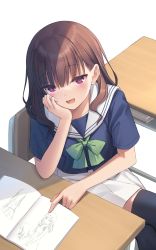 Rule 34 | 1girl, :d, black thighhighs, blue shirt, blush, bow, bowtie, breasts, brown hair, chair, collarbone, commentary request, desk, fang, feet out of frame, green bow, green bowtie, hand on own cheek, hand on own face, hand up, highres, long hair, looking at viewer, na-ga, on chair, open mouth, original, pleated skirt, pointing, purple eyes, school chair, school desk, school uniform, shirt, sitting, sketchbook, skirt, small breasts, smile, solo, thighhighs, white background, white skirt, zettai ryouiki