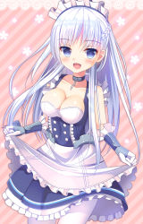 Rule 34 | 1girl, :d, apron, apron hold, azur lane, belfast (azur lane), blue eyes, blue skirt, blush, breasts, broken, chain, cleavage, collarbone, cowboy shot, frilled skirt, frills, gloves, highres, long hair, looking at viewer, maid, maid headdress, medium breasts, open mouth, pantyhose, silver hair, skirt, sleeveless, smile, solo, standing, striped, striped background, umitonakai, very long hair, white apron, white gloves, white pantyhose