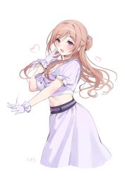 Rule 34 | 1girl, artist name, blush, breasts, cleavage, cropped legs, cropped shirt, gakuen idolmaster, gloves, heart, highres, himesaki rinami, idol clothes, idolmaster, large breasts, light brown hair, looking at viewer, midriff, nys, puffy short sleeves, puffy sleeves, purple eyes, purple gloves, purple shirt, purple skirt, shirt, short sleeves, signature, simple background, skirt, smile, solo, white background