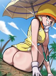 Rule 34 | 1girl, absurdres, ass, blonde hair, blue eyes, bright pupils, dress, highres, looking at viewer, lord guyis, miss valentine, one piece, smile, umbrella, white pupils, yellow dress