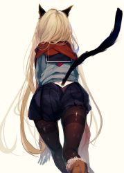 Rule 34 | 1girl, animal ears, back, back peek, black pantyhose, blonde hair, boots, cat ears, cat girl, cat tail, clothes pull, commentary request, copyright request, daimaou ruaeru, dimples of venus, duplicate, fading, fringe trim, from behind, fur-trimmed boots, fur trim, hidden face, highres, kneepits, long hair, long sleeves, miniskirt, pantyhose, pleated skirt, red scarf, sailor collar, scarf, school uniform, serafuku, shiny clothes, shiny legwear, skirt, skirt pull, solo, tail, tail raised, thigh gap, thighband pantyhose, very long hair, walking, winter clothes