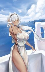 Rule 34 | 1girl, absurdres, armpits, bare shoulders, blue sky, blush, breasts, caenis (fate), cleavage, closed eyes, collarbone, dark-skinned female, dark skin, dress, fate/grand order, fate (series), hair intakes, hairband, hand in own hair, highres, large breasts, long hair, low ponytail, ocean, sideboob, sideless outfit, sky, smile, solo, teira, thighs, wer clothes, white dress, white hair