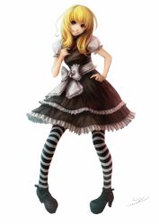 Rule 34 | 1girl, absurdres, blonde hair, boots, dress, highres, long hair, open mouth, original, pantyhose, red eyes, ribbon, sai foubalana, striped clothes, striped pantyhose