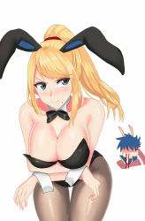 Rule 34 | 1boy, 1girl, alternate costume, angry, animal ears, bad id, bad pixiv id, bare arms, bare shoulders, black bow, black leotard, blonde hair, blood, blue eyes, blush, bow, bowtie, breast hold, breasts, chibi, chibi inset, cleavage, closed mouth, cowboy shot, crossed arms, detached collar, embarrassed, faceless, faceless male, fake animal ears, fire emblem, fire emblem: path of radiance, headband, highres, ike (fire emblem), large breasts, leaning, leaning forward, legs, leotard, long hair, looking at another, looking back, metroid, mole, mole under mouth, nintendo, nosebleed, pantyhose, playboy bunny, ponytail, rabbit ears, ru (16857772), samus aran, short hair, shy, sidelocks, simple background, standing, strapless, strapless leotard, super smash bros., thighs, upper body, wavy mouth, white background, wrist cuffs