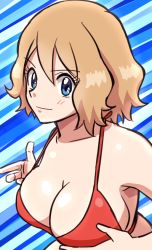 Rule 34 | 1girl, blue eyes, breasts, brown hair, cleavage, creatures (company), game freak, large breasts, nakaba, nintendo, pokemon, pokemon xy, serena (pokemon), short hair, smile, solo, swimsuit, upper body