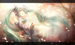 Rule 34 | 1girl, 60mai, bow, bowtie, detached sleeves, green eyes, green hair, hatsune miku, headset, highres, letterboxed, long hair, matching hair/eyes, petals, skirt, solo, twintails, very long hair, vocaloid