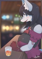 Rule 34 | 1girl, animal ears, black hair, blue eyes, blush, breasts, brown gloves, cleavage, commission, cup, dress, drinking glass, fox ears, fox girl, furry, furry female, gloves, highres, large breasts, long hair, looking at viewer, open mouth, original, ryuusui arumo, shot glass, skeb commission, smile, solo