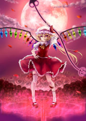 Rule 34 | 1girl, arm up, blonde hair, embodiment of scarlet devil, female focus, flandre scarlet, frilled skirt, frills, full moon, hand on own hip, hat, hip focus, laevatein, long hair, magic circle, moon, multicolored eyes, pink eyes, red footwear, red moon, shoes, side ponytail, single thighhigh, skirt, skirt set, socks, solo, thighhighs, touhou, white socks, wings, xingyueyaoshi