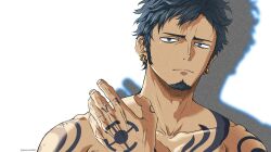 Rule 34 | 1boy, black hair, facial hair, frown, goatee, hand tattoo, hand up, highres, long sideburns, looking at viewer, male focus, nude, one piece, pinattsu, sanpaku, short hair, sideburns, solo, tattoo, toned, toned male, trafalgar law, tsurime, upper body