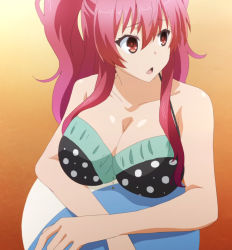 Rule 34 | 10s, 1girl, anime screenshot, ball, bare arms, bare shoulders, bikini, breast rest, breasts, cleavage, collarbone, d:, female focus, highres, large breasts, long hair, looking to the side, open mouth, pink hair, polka dot, polka dot bikini, polka dot swimsuit, rakudai kishi no cavalry, red eyes, screencap, solo, stella vermillion, swimsuit, two side up, upper body