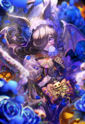 Rule 34 | 1girl, absurdres, animal ears, bat wings, black bow, blue flower, blue rose, blurry, blurry background, blurry foreground, bow, brown gloves, brown hair, candy, commentary request, covering own mouth, floating hair, flower, food, frilled hairband, frills, gloves, hair flower, hair ornament, hair over one eye, hairband, highres, holding, holding candy, holding food, horse ears, horse girl, jack-o&#039;-lantern, light particles, lollipop, long hair, looking at viewer, official alternate costume, onene, orange bow, petals, puffy short sleeves, puffy sleeves, purple eyes, rice shower (make up vampire!) (umamusume), rice shower (umamusume), rose, shirt, short sleeves, simple background, solo, swirl lollipop, umamusume, wings