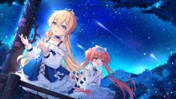 Rule 34 | 2girls, blonde hair, blue eyes, bow, character request, collarbone, dress, fang, girl cafe gun, green eyes, hair between eyes, hair bow, highres, long hair, multiple girls, night, own hands clasped, own hands together, pink hair, plant, sky, star (sky), starry sky, tree, twintails, aged down