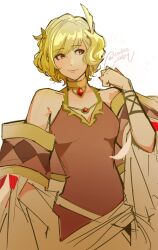 Rule 34 | 1girl, bare shoulders, blonde hair, brown dress, citrinne (fire emblem), dress, earrings, feather hair ornament, feathers, fire emblem, fire emblem engage, gold choker, gold trim, hair ornament, highres, hoop earrings, jewelry, lamb (contra entry), leather wrist straps, looking to the side, mismatched earrings, nintendo, red eyes, solo, wing hair ornament