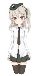 Rule 34 | 1girl, beret, black necktie, black thighhighs, blush, brown eyes, brown hair, closed mouth, collared shirt, commentary request, cropped legs, dress shirt, flipper, girls und panzer, green hat, green skirt, hair between eyes, hat, highres, long hair, long sleeves, looking at viewer, necktie, one side up, pleated skirt, shimada arisu, shirt, simple background, skirt, sleeves past wrists, solo, thighhighs, white background, white shirt