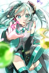 Rule 34 | 1girl, absurdres, bare shoulders, black thighhighs, commentary request, detached sleeves, floating hair, green eyes, green hair, green necktie, hair ornament, hatsune miku, highres, long hair, musical note, necktie, open mouth, outstretched hand, pomu (joynet), skirt, solo, teeth, thighhighs, tongue, vocaloid, wide sleeves, zettai ryouiki