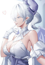 Rule 34 | 1girl, absurdres, armpits, bare shoulders, breasts, cleavage, demon girl, detached collar, duel monster, earrings, fangs, female focus, from side, gloves, grey eyes, grey hair, heart, highres, jewelry, large breasts, lovely labrynth of the silver castle, mea (hwaksal), pointy ears, slit pupils, transparent wings, yu-gi-oh!