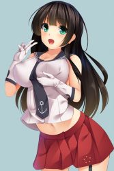 Rule 34 | 10s, 1girl, agano (kancolle), anchor symbol, bad id, bad pixiv id, bare shoulders, between breasts, black hair, blue background, blush, breasts, garter straps, gloves, green eyes, hand on breast, kantai collection, large breasts, long hair, looking at viewer, midriff, navel, necktie, neko neko koneko, open mouth, pleated skirt, red skirt, school uniform, serafuku, simple background, skirt, solo, v, white gloves