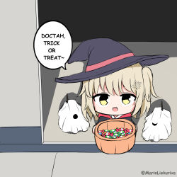 Rule 34 | 1girl, alternate costume, arknights, blonde hair, candy, chibi, commentary, drone, english commentary, english text, food, hair ornament, hat, highres, holding, looking at viewer, marin liekuriva, medium hair, open mouth, scene (arknights), shadow, smile, trick-or-treating, trick or treat, twitter username, witch hat