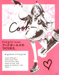 Rule 34 | 1girl, apron, arm warmers, armband, artbook, bonnet, food, food girls, frills, fruit, garter straps, heart, highres, jar, jewelry, monochrome, okama, one eye closed, pink background, pink eyes, pink hair, pink theme, ring, shoes, socks, solo, strawberry, strawberry-chan, thighhighs, waitress, wink